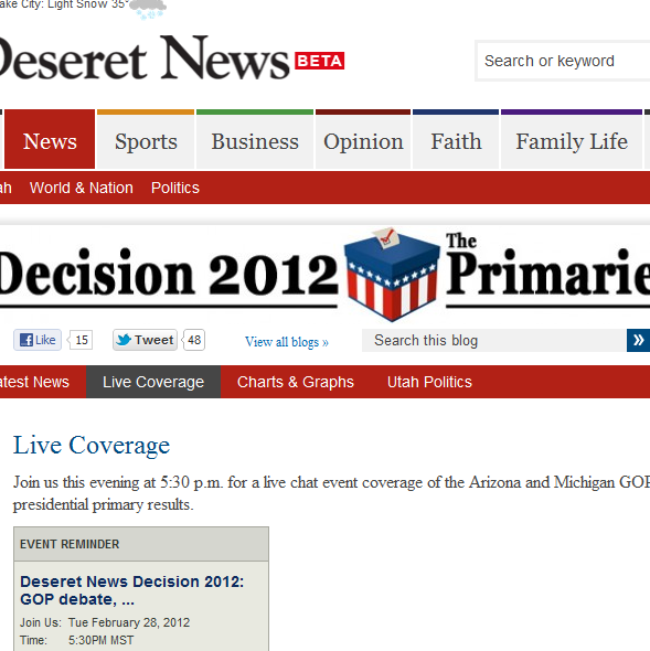 Decision 2012 Join the Deseret News in our coverage of the 2012 election.