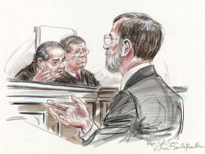 Courtroom illustration shows Deputy Solicitor General Edwin Kneedler speaking to Justice Antonin Scalia and Chief Justice John Roberts of the U.S. Supreme Court in Washington